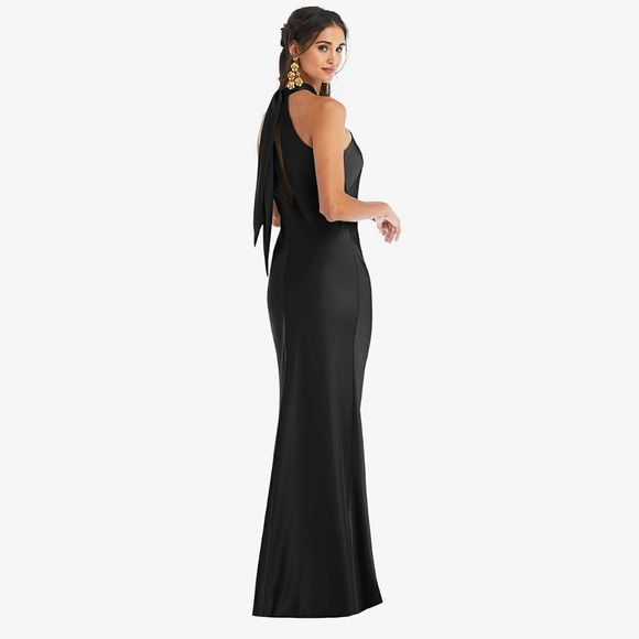 NWT L - Dessy Group - draped twist halter tie-back trumpet gown in black - Picture 4 of 5